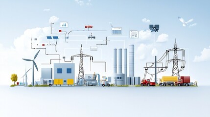 Fototapete - Detailed of a high tech centralized power grid system that connects renewable energy sources with urban and industrial areas