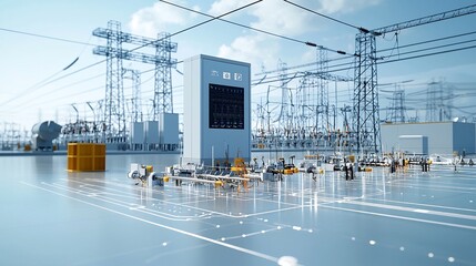 Fototapete - Conceptual image of a modern power grid central management hub integrating diverse energy sources like solar wind