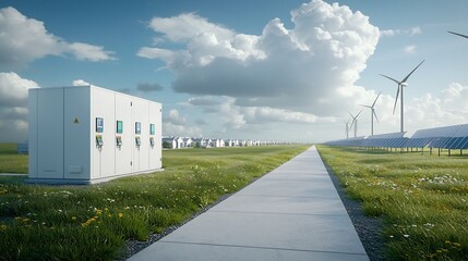 Poster - Centralized green energy grid system efficiently connecting renewable power plants such as solar and wind farms to homes factories and commercial areas for a sustainable energy future