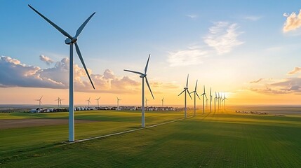 Fototapete - Centralized renewable energy grid system connecting power plants harnessing solar wind and hydroelectric sources with homes factories and commercial areas in an urban landscape