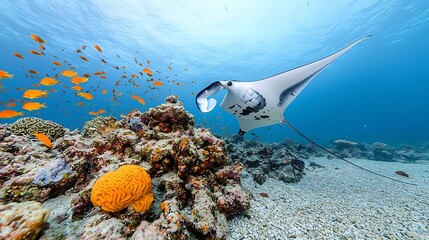 Aufkleber - Majestic manta ray effortlessly swimming through a vibrant tropical underwater coral reef seascape surrounded by colorful schools of fish with soft natural lighting creating a magical atmosphere