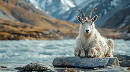 Wall Mural - a white mountain goat sitting on a rock by a river, with mountains in the background.