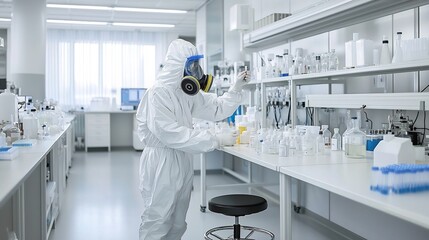 Poster - Scientist in White Protective Suit and Gas Mask Carefully Testing Chemicals in Controlled Secure Laboratory Environment for Scientific Research and Discovery