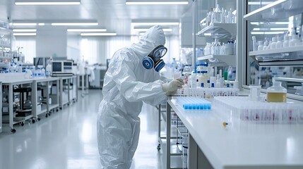 Poster - Portrait of a professional scientist wearing a white protective suit and gas mask carefully examining and testing various chemicals and substances in a secure sterile laboratory environment