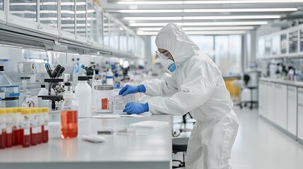 a hazmat suited lab worker carefully labeling a toxic substance container for proper storage and saf