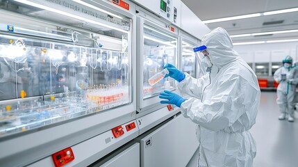 Poster - Researcher in Full Protective Gear Examining a Chemical Reaction Taking Place Inside a Transparent Laboratory Chamber for Scientific Research and Investigation