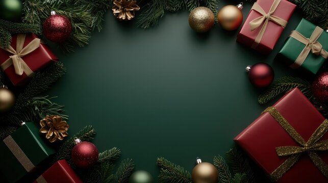 Stylish 'Boxing Day Sale' background with an arrangement of red, green, and gold gift boxes and ornaments, framed by holiday greenery.