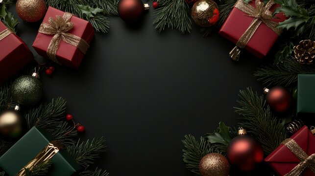 Stylish 'Boxing Day Sale' background with an arrangement of red, green, and gold gift boxes and ornaments, framed by holiday greenery.