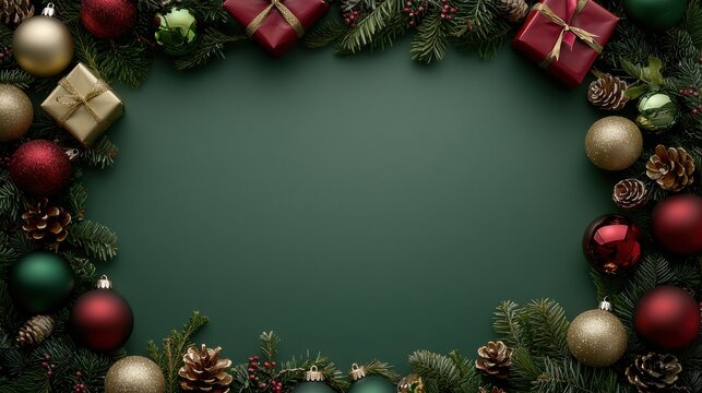 Stylish 'Boxing Day Sale' background with an arrangement of red, green, and gold gift boxes and ornaments, framed by holiday greenery.