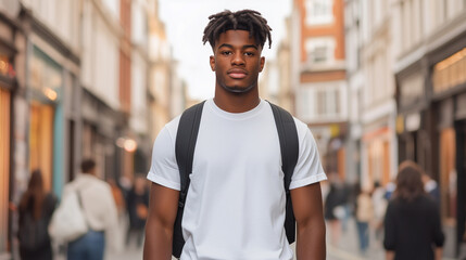 Wall Mural - young man stands confidently in bustling urban street, wearing plain white t shirt and backpack. vibrant city atmosphere surrounds him, showcasing blend of modern and classic architecture.