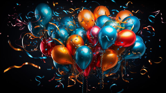 
A vibrant New Year’s card design with celebratory balloons, streamers