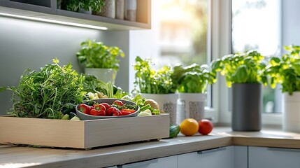 Poster - Composting for an Eco Friendly Kitchen A sustainable solution for food waste disposal featuring a bowl of vegetable scraps and a natural looking compost container surrounded by warm