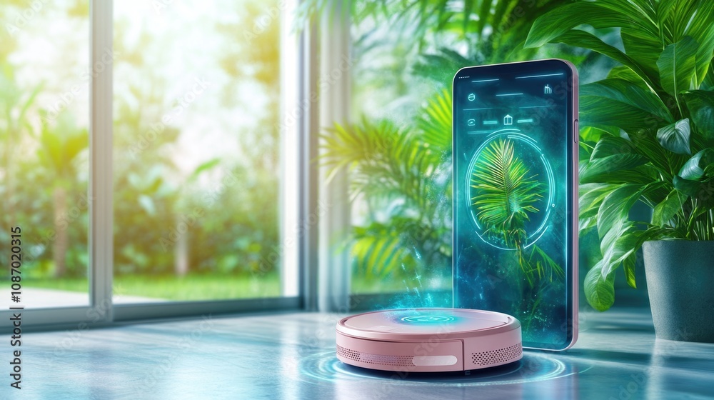 Smart Router Cleaning Smart home cleaning technology with modern robotic cleaner and app ...
