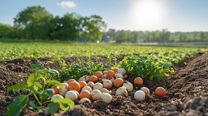 Aufkleber - Warm sunlit compost pile with food waste in a thriving community garden highlighting the use of biogas technology as an innovative