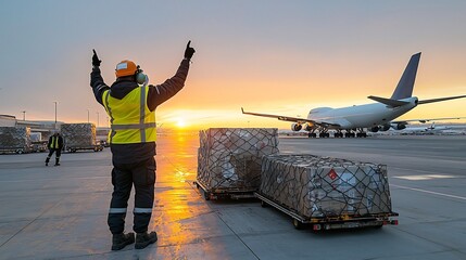 Poster - Airport Worker Wearing Safety Gear Overseeing Cargo Loading on the Tarmac with a Large Airplane in the Background During Sunrise  Transportation and Logistics Concept