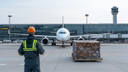 Fototapete - Worker in safety uniform handling cargo logistics in front of a parked airplane at the airport terminal ready for loading and transport