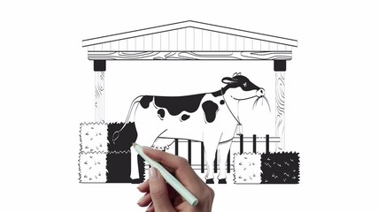 Poster - Farmer woman milking cow hand drawn whiteboard sketch animation. Cattle cowshed 4K video pencil drawing. Dairy farm milkmaid latin american countrywoman animated 2D outline character handdrawn