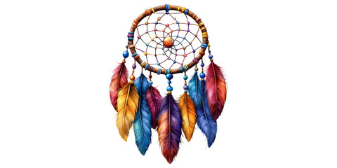 Wall Mural - Dreamcatcher with Colorful Feathers and Beads Isolated on Transparent Background