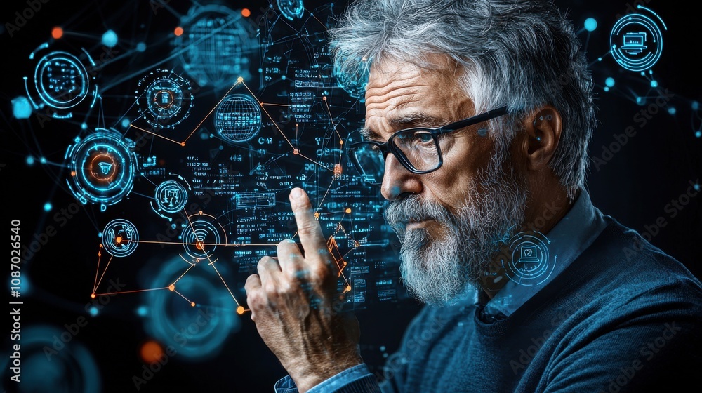 Cryptography expert analyzing data flow on digital ho standard ...