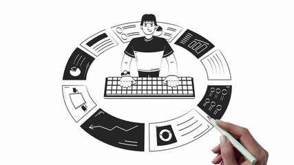 Poster - Data analytics business reports hand drawn whiteboard sketch animation. Key performance indicators analysis 4K video. Computer analyst typing keyboard animated handdrawn concept pencil drawing