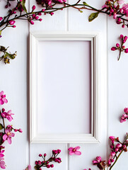 Wall Mural - horizontal photo frame mockup, on the table with spring flowers