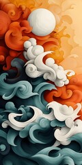 Poster - Vibrant and imaginative abstract featuring a dynamic composition of organic waves fluid textures and ethereal spherical shapes  Blending elements of Japanese art comic book style