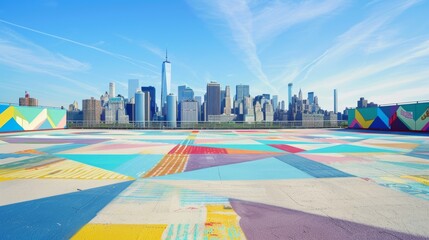 Empty square floor with city skyline background, City skyline with dynamic waterfront development, urban revitalization scene