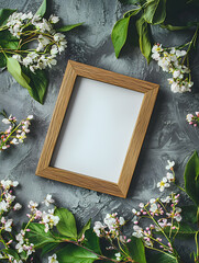 Wall Mural - horizontal photo frame mockup, on the table with spring flowers