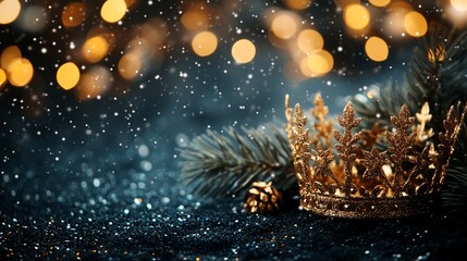 Wall Mural - A golden crown with pine needles and a pine cone on a blue sparkly background with bokeh lights and falling snow.