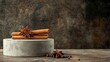 © El - cement pedestal concrete podium with cinnamon and anise spice. display showcase for spicy flavored self care product or food. Generative ai