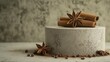 © El - cement pedestal concrete podium with cinnamon and anise spice. display showcase for spicy flavored self care product or food. Generative ai