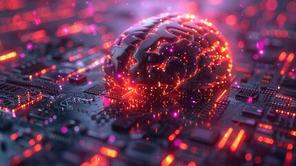 Poster - Glowing brain on a circuit board, representing artificial intelligence and neural networks.