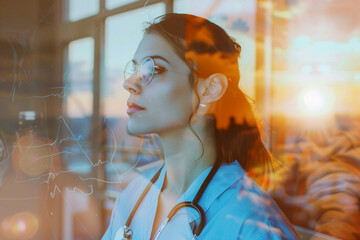 Poster - a double exposure image of a hospital worker in laboratory generative ai