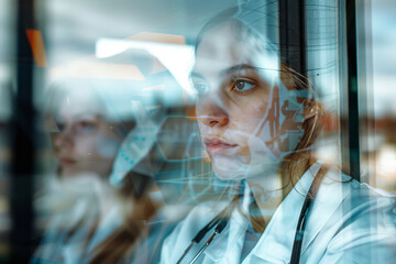 Poster - a double exposure image of a hospital worker in laboratory generative ai