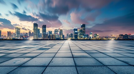 Wall Mural - Empty square floor with city skyline background, City skyline with dynamic urban skate park, vibrant urban scene