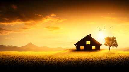 Aufkleber - A serene sunset landscape featuring a silhouette of a house and a tree, surrounded by golden fields and distant mountains.
