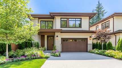 Aufkleber - A modern two-story home with a landscaped front yard, large windows, a garage, and surrounded by greenery.