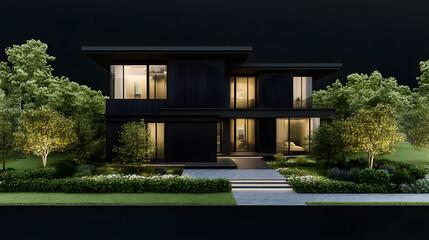 Poster - A modern house illuminated at night, surrounded by lush greenery and soft landscaping, showcasing stylish architecture and inviting ambiance.