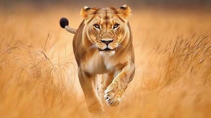  A full shot photo of a lioness walking confidently through tall golden grass, deep focus on the movement of its muscles and fur, low-angle shot that makes the lion appear larger and more imposing