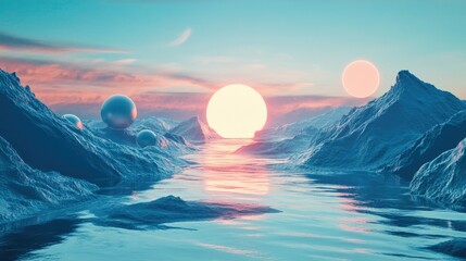 Poster - Surreal sunset landscape with icy mountains, reflective water, and large spheres.