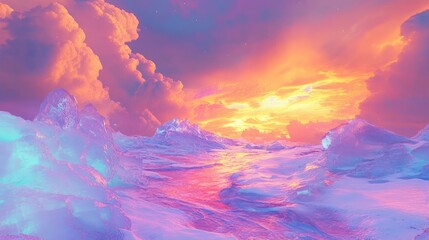 Poster - Dreamlike icy landscape at sunset with vibrant pink, orange, and purple hues.