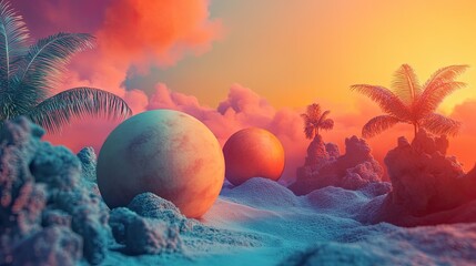 Wall Mural - Surreal sunset landscape with pastel spheres and palm trees on a vibrant beach.