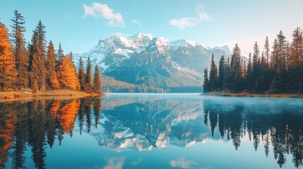 Wall Mural - majestic mountain range reflected in a serene lake with colorful trees.