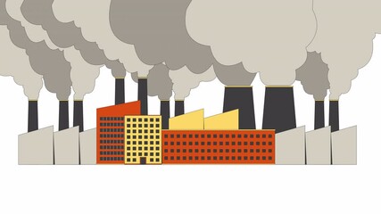 Poster - Factories smoke pollution 2D object animation. Industrial manufacturing plants emitting co2 emissions cartoon 4K video, alpha channel. Fabrication smokestacks animated flat item on white background