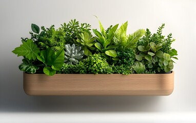 Poster - Abundant and thriving indoor houseplant collection displayed in a modern wooden planter box against a plain white background featuring a variety of shapes textures