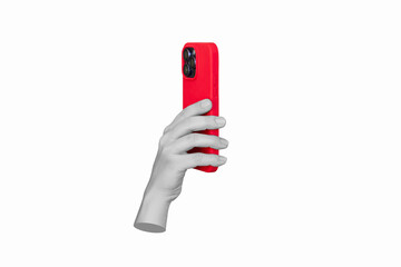 Wall Mural - Female antique statue's hand holding mobile phone in a red case isolated on a white background. Mockup of smartphone. 3d trendy creative conceptual collage. Contemporary art. Modern design