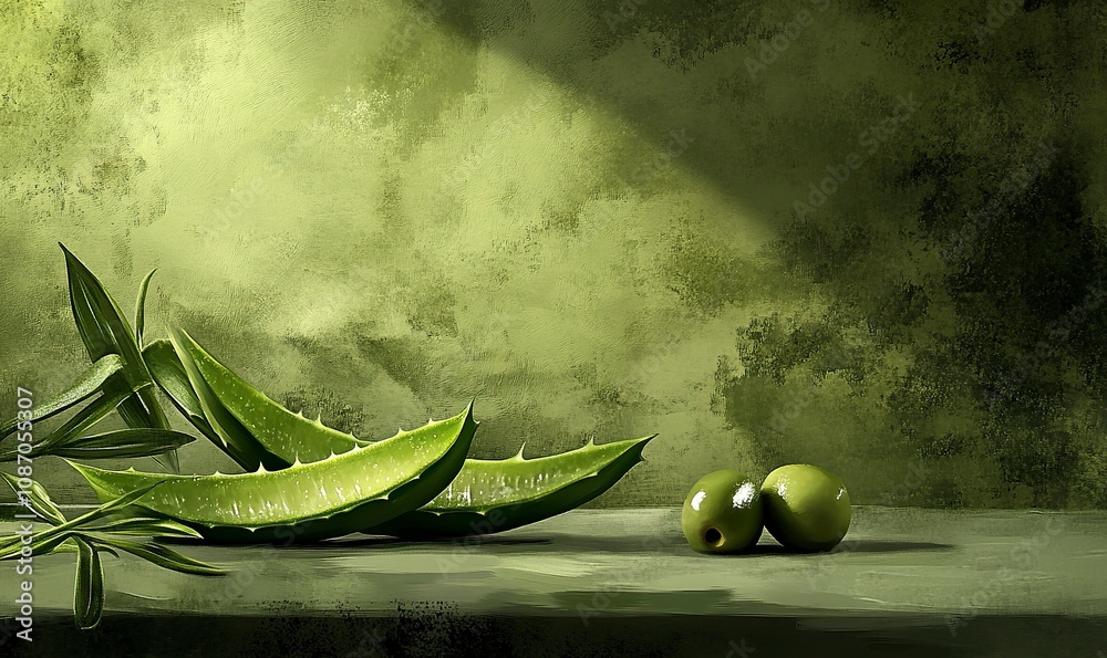 aloe vera slices and olive in a dark olive green background ,generative ai