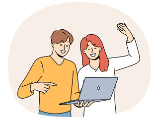 happy couple with laptop make win gesture after winning in online casino or lottery with cash prize.