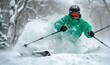 © Sasha - Man in a bright green jacket skiing through deep powder snow. 4K hyperrealistic photo