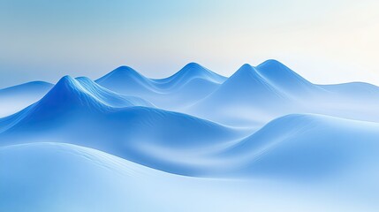 Abstract blue landscape with smooth, undulating hills and mountains under a bright sky.